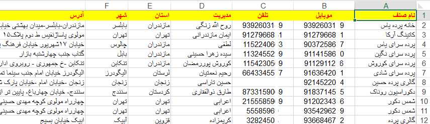 نمونه لیست بانک اطلاعات شماره موبایل فروشندگان پرده فروشی ها کشور