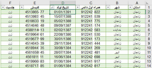 شماره موبایل بانوان زنجان به تفکیک سن و کدپستی