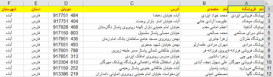 نمونه لیست بانک اطلاعات شماره موبایل فروشندگان پوشاک مردانه فارس شیراز